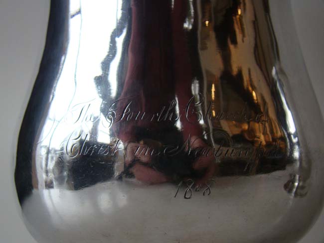 A Rare pair of Silver Canns inscribed "The Fourth Church of Christ in Newburyport, 1808" made by Boston silversmith Jesse Churchill. — image 2